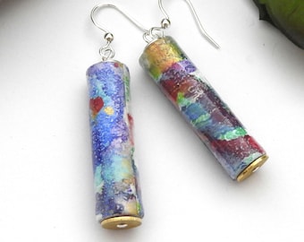 Abstract Bar Cylinder Earrings, Eco-Friendly Paper Bead Art Jewelry, Unique Wearable Miniature Art Canvas, Boho Bohemian, One of a Kind