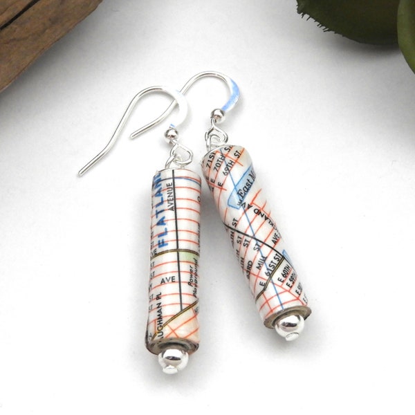 Upcycled Brooklyn, NY Map Earrings from Vintage 1968 NYC Map | New York City | Paper Bead Earrings | Eco Jewelry