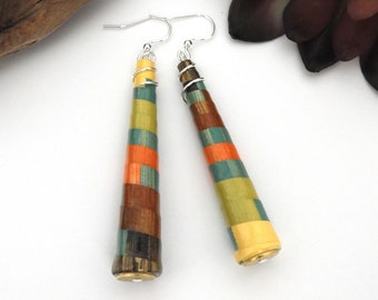 Autumn Stripes Long Earrings, Lightweight Eco-Friendly Paper Beads, Colors of Fall Hand Painted, Upcycled Recycled, Boho Style Gift for Her