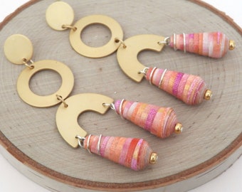 Paper Bead Earrings - Boho Earrings - Pastel and Gold - Upcycled - Recycled - Repurposed - First Anniversary - Eco Friendly - Gift - #B306