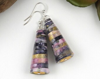 Purple & Gold Paper Bead Earrings: Upcycled Lightweight Jewelry