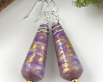 Hand-Painted Paper Bead Earrings: Purple, Blue & Gold, Eco-Friendly