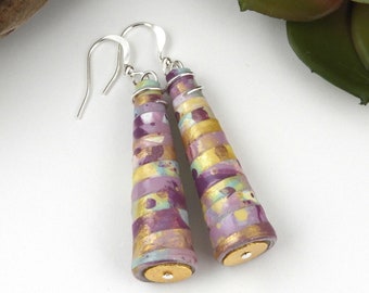 Pastel Paper Bead Earrings: Lightweight Purple Lilac Gold Jewelry