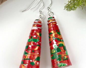 Christmas Paper Bead Earrings: Red, White & Green Holiday Jewelry