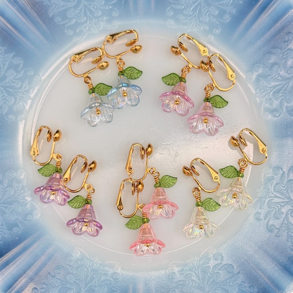 New Colors! Bell Flower Clip on or Post Earrings: Acrylic flower drops in blue, pink, lilac, purple or clear.