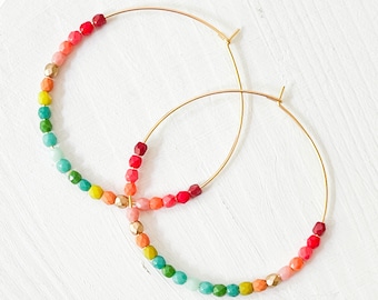Large Gold Filled Hoop Earrings: Colorful Ombre Czech Glass Beads