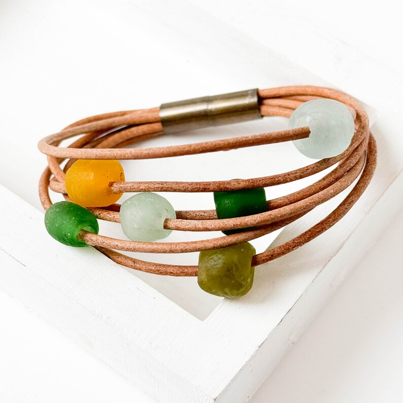 Natural Cord Leather and with Recycle beads and magnetic Clasp, Magnetic Bracelet, beaded Magnetic leather Bracelet, Multi cord bracelet, image 1