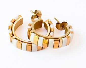 Small Gold-Plated Tila Bead Hoop Earrings In Gold  And White