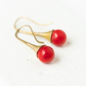red Coral earrings, coral drop earrings, coral teardrop earrings, red coral earrings, red coral dangle earrings, coral gemstone earrings image 1