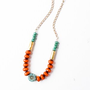Tiny flower and bead necklace, flower necklace, orange bead necklace, necklace with flower, romantic necklace, boho style necklace,