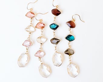 Long Dangle Earrings for Women, Faceted Glass Drop Earrings, Pink Gold Statement Jewelry, Lightweight Earrings, Gift for Her
