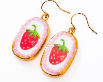 Whimsical Strawberry Earrings Pink Ceramic Dangle Fruit Cottagecore