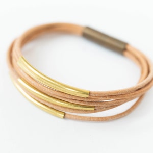 Leather bracelet, Thin leather bracelet, Multi-strand Leather Bracelet for women, Natural Leather, Curved Tube Bracelet, Gold bar bracelet