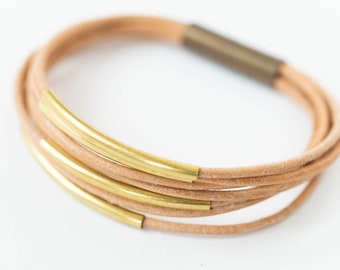 Leather bracelet, Thin leather bracelet, Multi-strand Leather Bracelet for women, Natural Leather, Curved Tube Bracelet, Gold bar bracelet