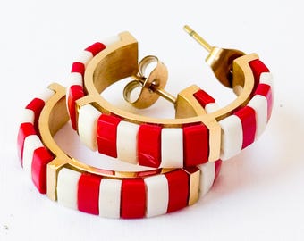 Small Gold-Plated Tila Bead Hoop Earrings In Red And White
