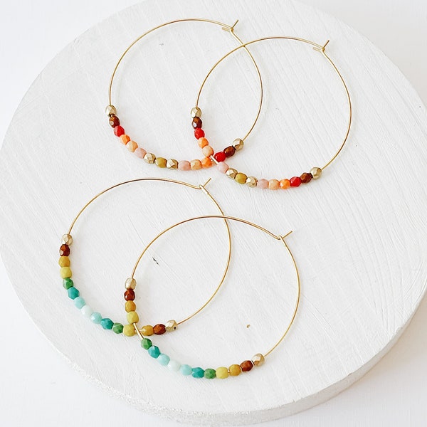 Large Gold Hoop Earrings, Large Beaded Hoops, big hoop earrings, Big beaded hoops, colorful hoops, color lover jewelry, gold hoops