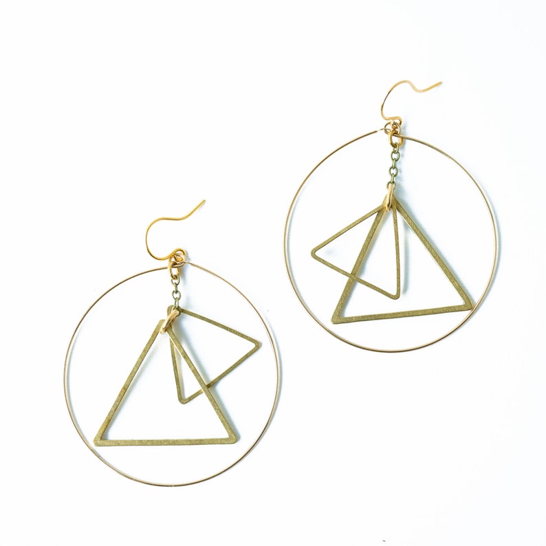 Mobile earrings, Kinetic earrings, triangle earrings, Modern earrings, Circle earrings, Gold hoops, Triangle Jewelry, big earrings, hoops image 2