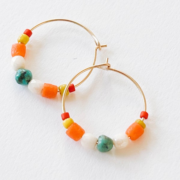 Small Gold filled Beaded hoops, Turquoise hoops, Fair Trade beaded hoops, ethically sourced beaded hoops, gold hoops earrings