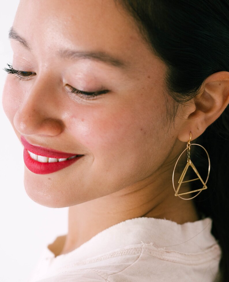 Mobile earrings, Kinetic earrings, triangle earrings, Modern earrings, Circle earrings, Gold hoops, Triangle Jewelry, big earrings, hoops image 5