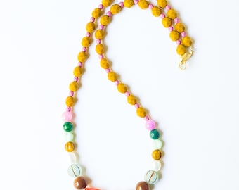 Colorful Beaded Necklace for Women, Mustard Yellow Statement Necklace, Freshwater Pearl Jewelry, Boho Artisan Gift for Her