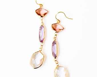 Long Statement Earrings for Women, Pink Faceted Glass Dangle Earrings, Wedding Guest Jewelry, Party Earrings, Special Occasion Gift