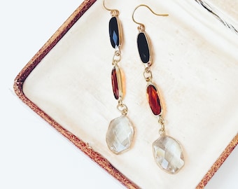 Long Glass Drop Earrings, Faceted Color Block Earrings, Modern Gold Jewelry, Crystal Earrings