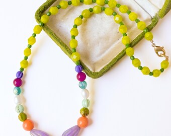 Colorful Beaded Necklace for Women, Boho Statement Necklace, Green Purple Jewelry, Freshwater Pearl Necklace, Unique Gift for Her