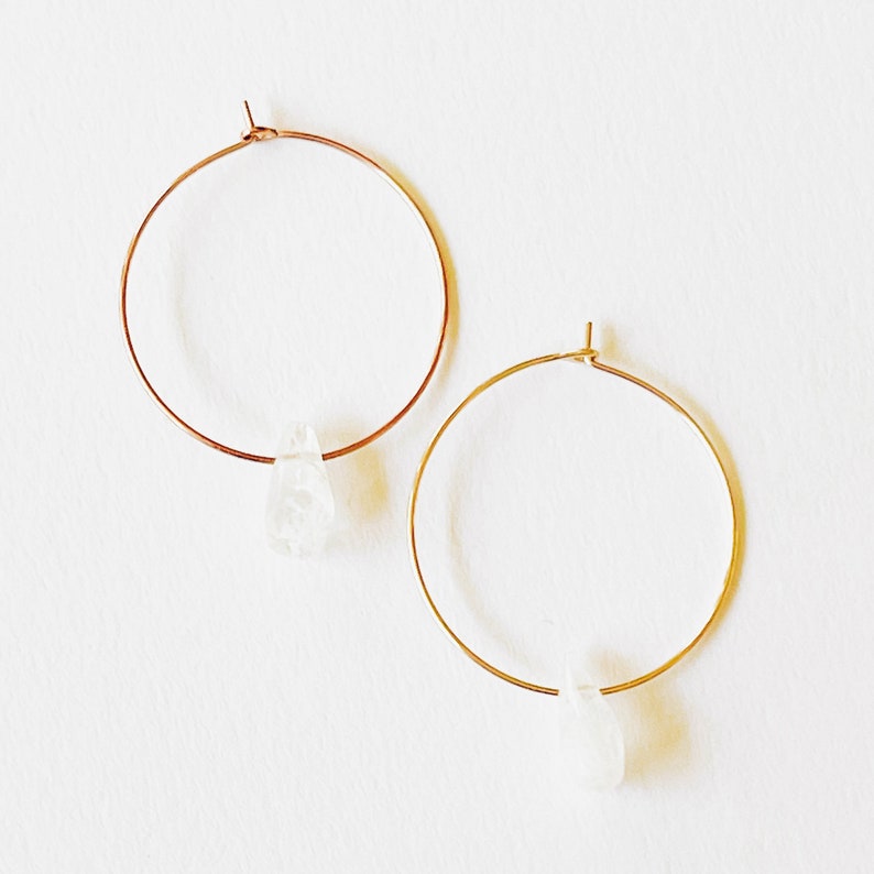 Mini Moonstone Gold Filled Hoops, Small Moonstone hoops, Moonstone earrings, Moonstone jewelry, Hoops with Moonstones, Natural Moonstones image 2