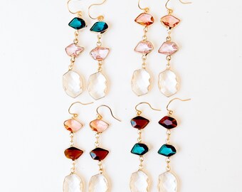 Faceted Glass Drop Earrings, Colorful Lightweight Dangle Earrings, Cocoa Pink or Teal, Gold Statement Jewelry, Gift for Her