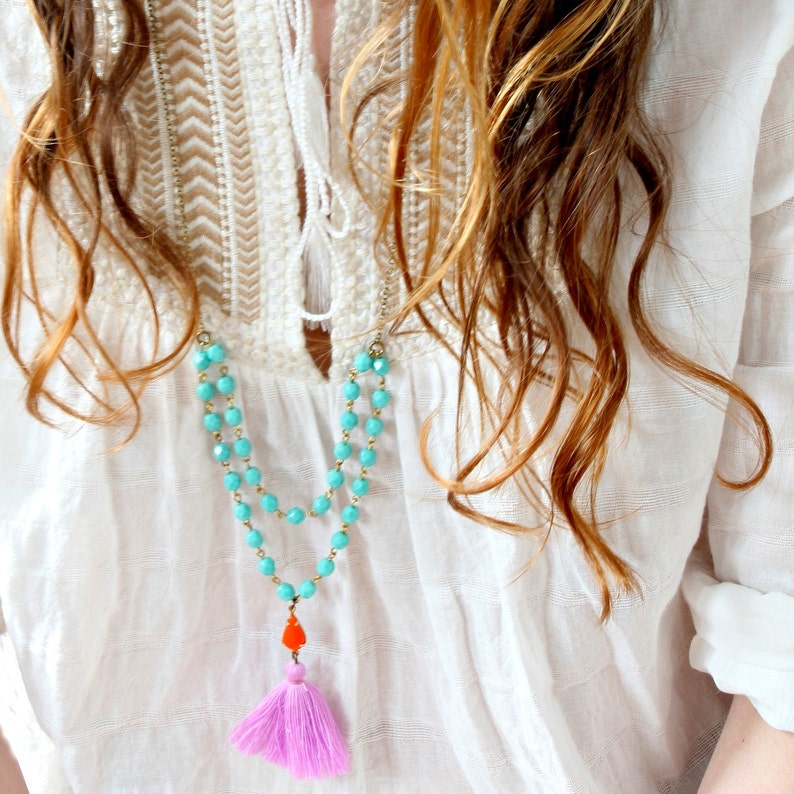 Aqua Bead Strand and Tassel Necklace Boho Long Necklace Lilac Tassel Necklace