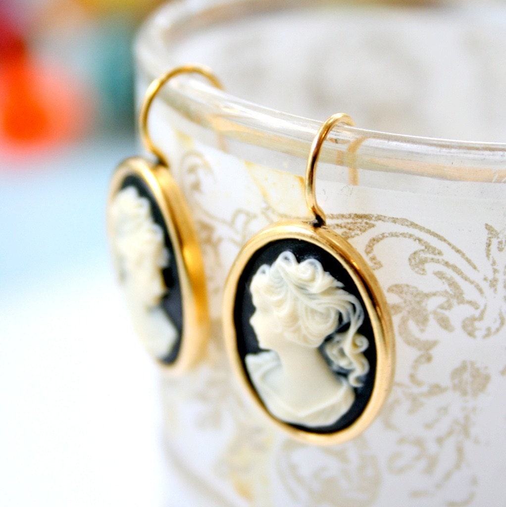 Black Cameo Earrings: 24K Gold Plated, Victorian Style