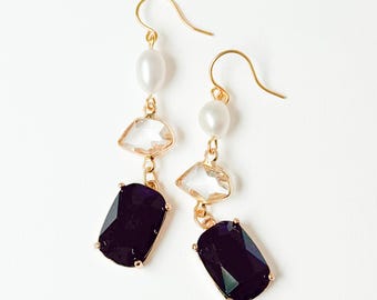 Freshwater Pearl Earrings, Romantic Glass Dangle Earrings, Elegant Gold Jewelry