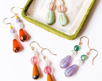 Czech Glass & Freshwater Pearl Drop Earrings, Colorful Beaded Dangle Earrings, Gold Filled Earrings, Handmade Gift for Her