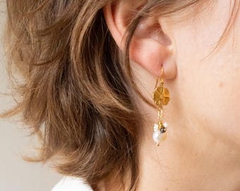 Gold Flower Earrings with Pearls, Floral Dangle, Vintage Inspired Jewelry
