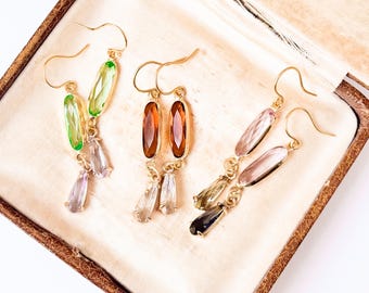 Faceted Glass Dangle Earrings for Women, Small Drop Earrings, Lightweight Gold Jewelry, Colorful Statement Earrings, Gift for Her