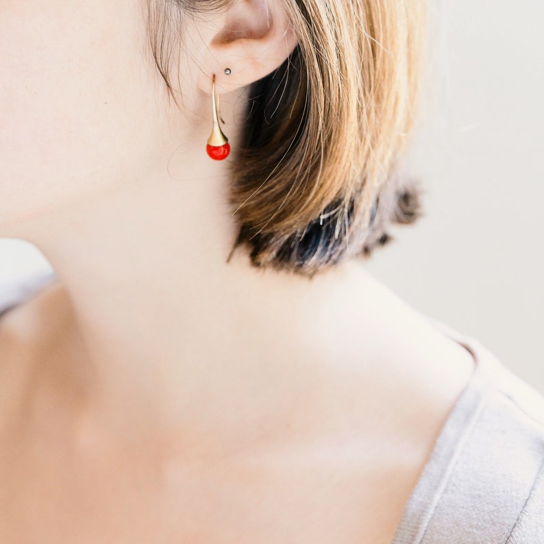 red Coral earrings, coral drop earrings, coral teardrop earrings, red coral earrings, red coral dangle earrings, coral gemstone earrings image 2