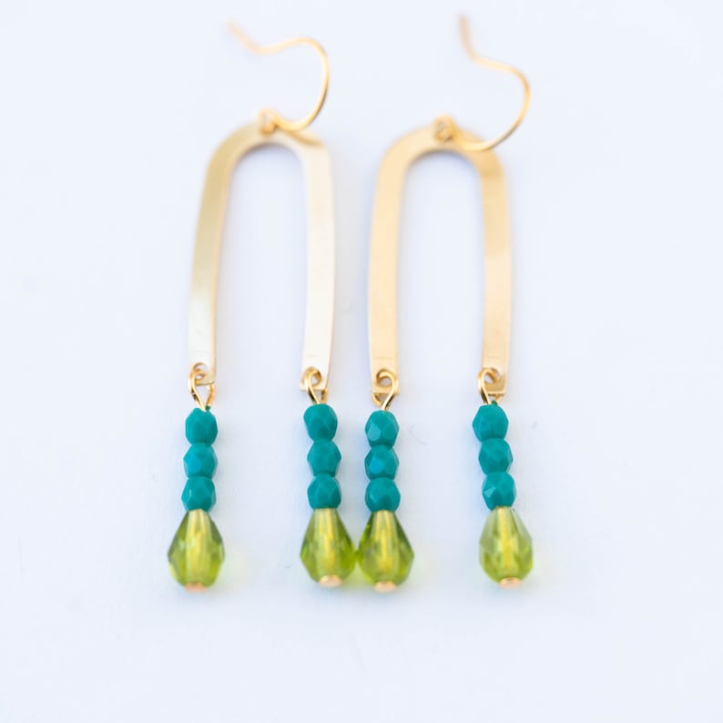 Brass Fringe Earrings, U shaped beaded earrings, Fringe Earrings, Colorful Earrings, colorful bead earrings, Gift for Her, gift for wife image 7