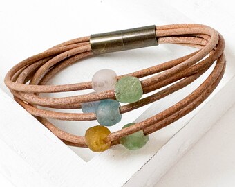 Natural Cord Leather and with Recycle beads and magnetic Clasp,  Magnetic Bracelet, beaded Magnetic leather Bracelet, Sea glass beads