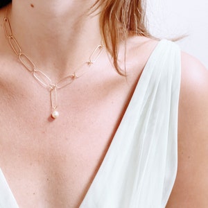 Pearl Drop Necklace, Paperclip and Pearl necklace, gold pearl necklace, simple pearl necklace,  pearl and brass necklace, Necklace for bride