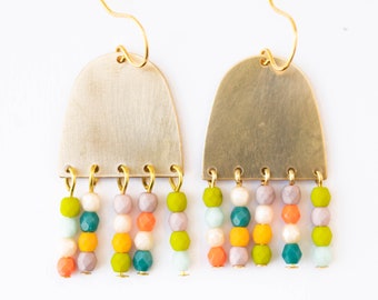 Brass Fringe Earrings, beaded earrings, Fringe Earrings, colorful Earrings, colorful bead earrings, Gift for Her, gift for wife