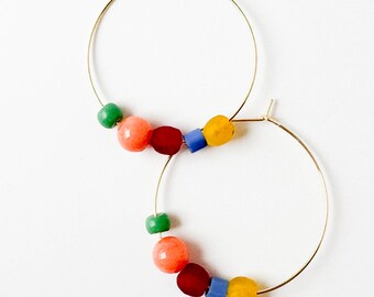 Big Coral Hoops, Recycled Glass Hoops, Primary color Hoop Earrings, Fair Trade Hoops, Big beaded hoops, colorful hoops, Minimalist Big Hoops