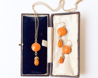 Orange Glass Jewelry Set, Fall Necklace and Earrings Set, Autumn Jewelry, Pumpkin Orange Jewelry, Czech Glass Gift for Her, Handmade Set