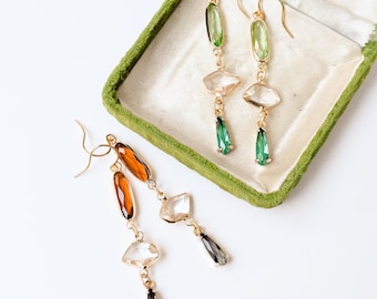 Long Statement Earrings for Women, Faceted Glass Dangle Earrings, Colorful Gold Drop Earrings, Wedding Guest Jewelry, Party Earrings