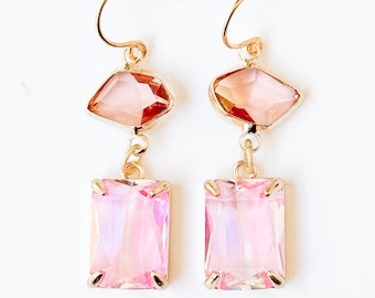 Pink Dangle Earrings for Women, Faceted Glass Drop Earrings, Peach Gold Jewelry, Lightweight Statement Earrings, Gift for Her