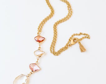 Pink Pendant Necklace for Women, Faceted Glass Necklace, Gold Drop Necklace, Long Statement Jewelry, Colorful Gift for Her