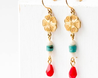 Long flower earrings, floral statement earrings, flower earrings, turquoise earrings, flower  turquoise earrings, Red Earrings