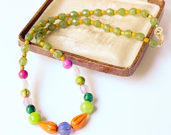 Colorful Beaded Necklace for Women, Green Statement Necklace, Freshwater Pearl Jewelry, Boho Artisan Necklace, Unique Gift for Her