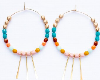 Turquoise Hoop Earrings, Large Gold Hoops, Thin Hoop Earrings, Thin Hoops, Beaded Hoop Earrings, Fringe Earrings