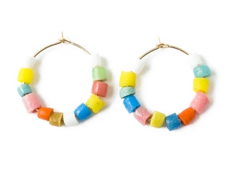 Small Gold Filled Hoops with Recycled seed beads, seed bead hoops, Pastel seed bead hoops, gold-filled hoops, recycled glass hoops