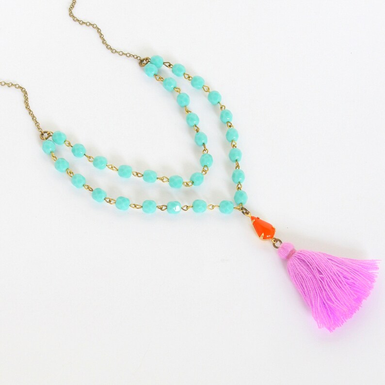 Aqua Bead Strand and Tassel Necklace Boho Long Necklace Lilac Tassel Necklace